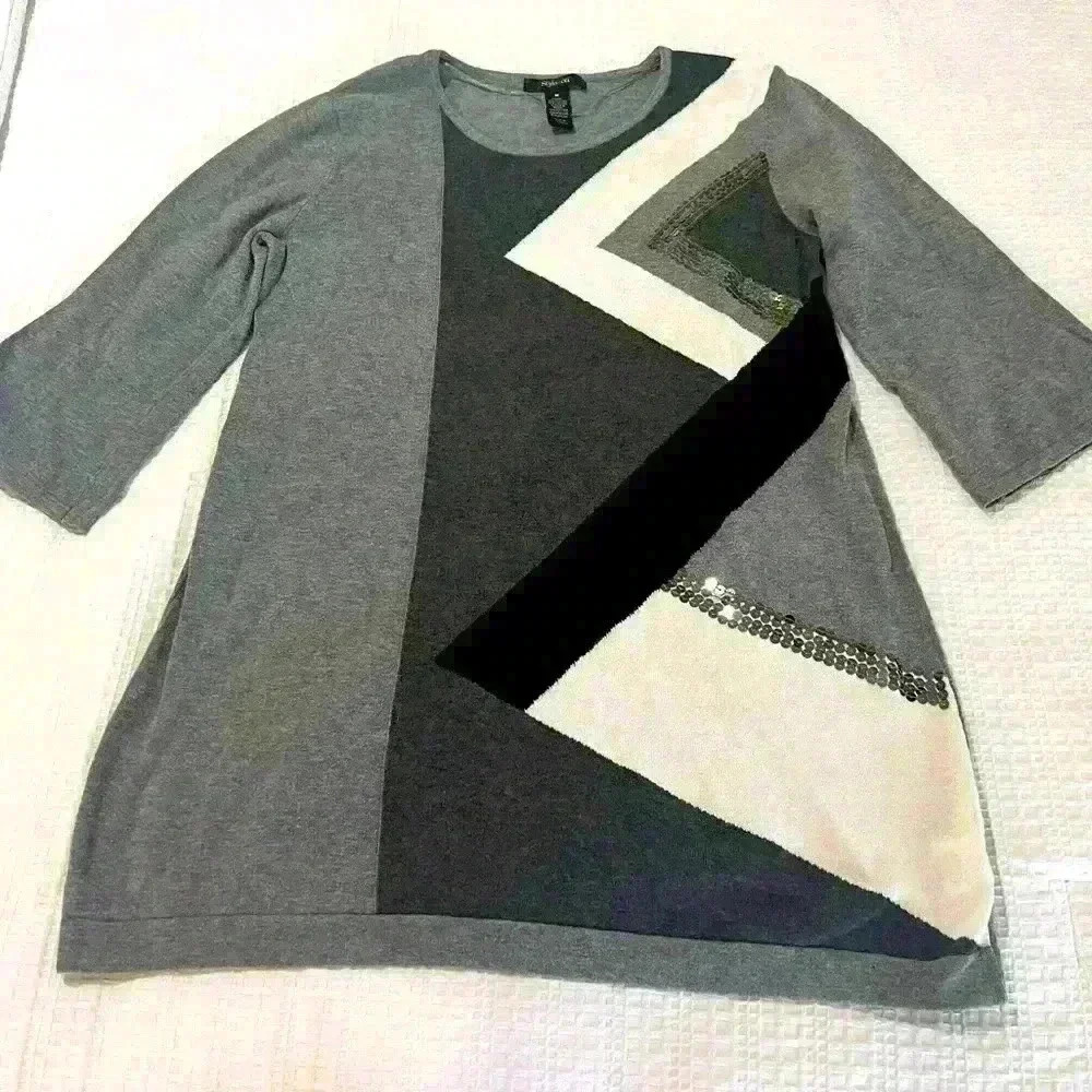 Style Co‎ Sweater MED Sequin Color Block Lightweight 3/4 Sleeve